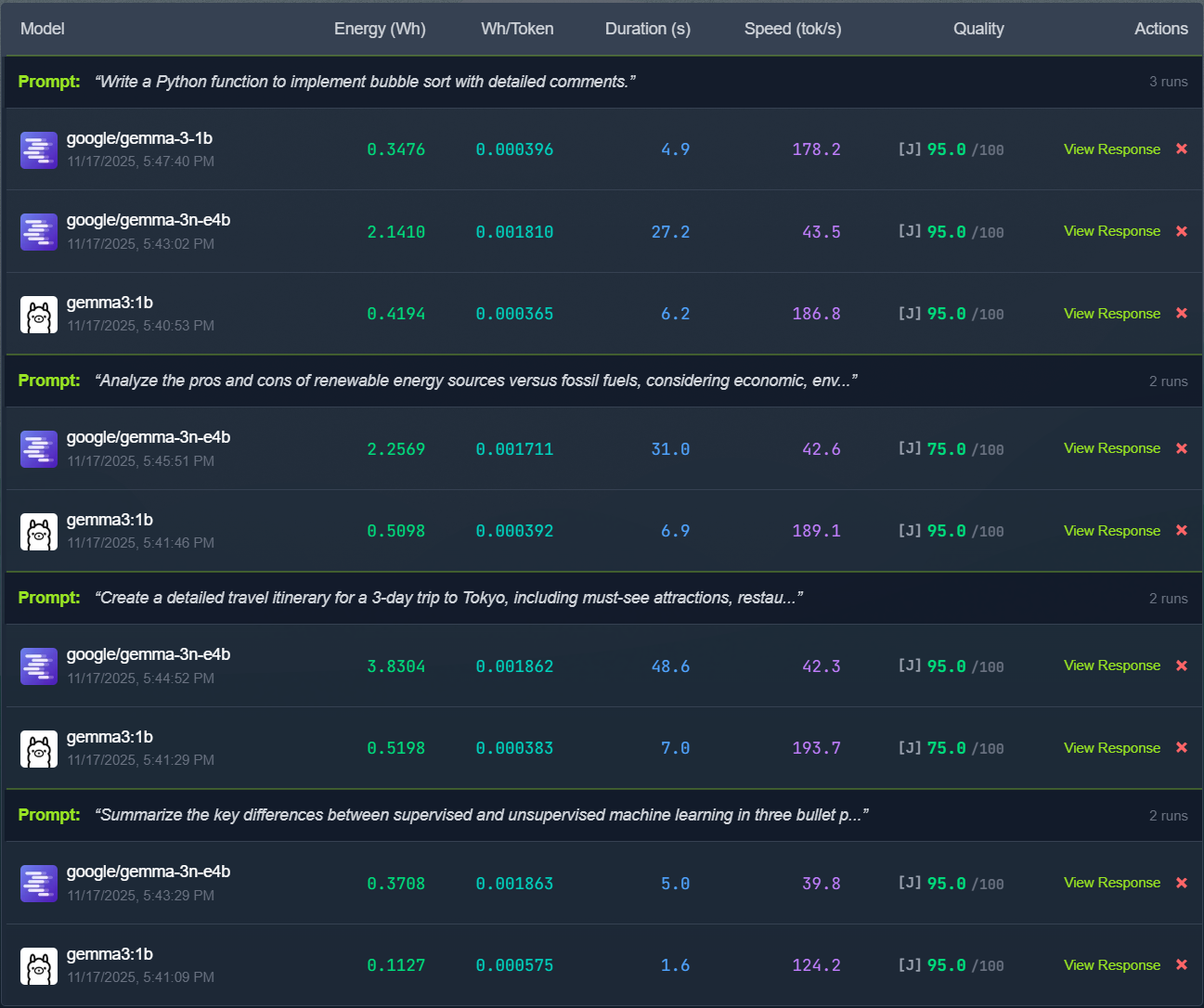 Benchmark interface showing task presets and model selection